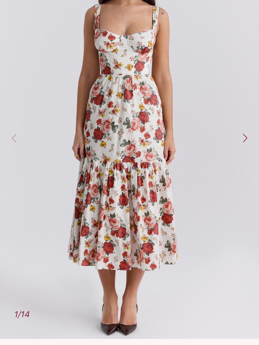 House of CB White Floral Midi Dress with Red and Yellow Blooms
